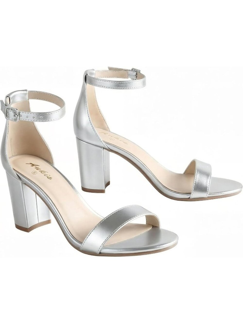 Women's Starlight Silver Open Toe Buckle Ankle Strap Chunky Heels Sandals